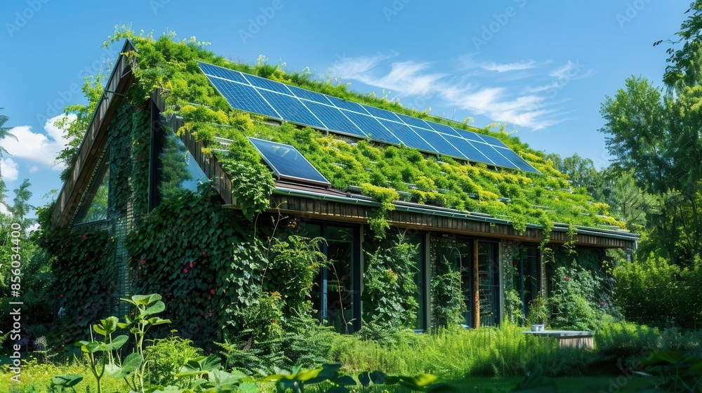 ecofriendly green roof with lush plants and solar panels sustainable architecture ecofriendly green roof with lush plants and solar panels sustainable architecture