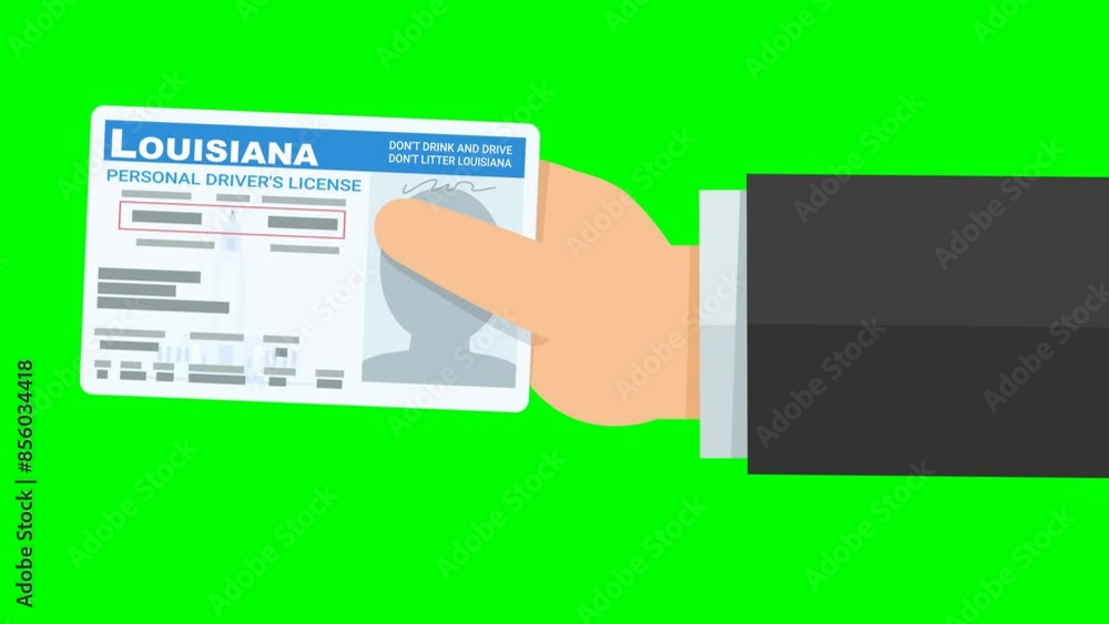 A hand presents a driver's license from the US state of Louisiana from the right on green screen, transparent background with alpha channel (flat design) A hand presents a driver's license from the US state of Louisiana from the right on green screen, transparent background with alpha channel (flat design)