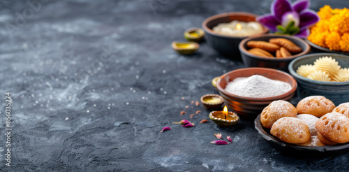 Close-up of Indian sweets decorations on dark background for Diwali, banner photo