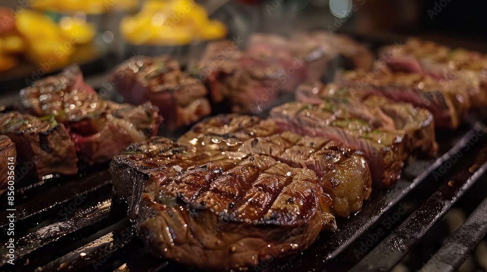 Grilled steak with fatty cuts. A high-quality meat that is served at Brazilian steakhouses. Grilled steak with fatty cuts. A high-quality meat that is served at Brazilian steakhouses.