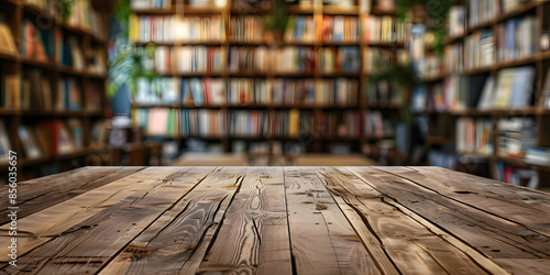 Vintage wooden table with a blurred background of a cozy bookstore, suitable for artisanal coffee products or literary gifts