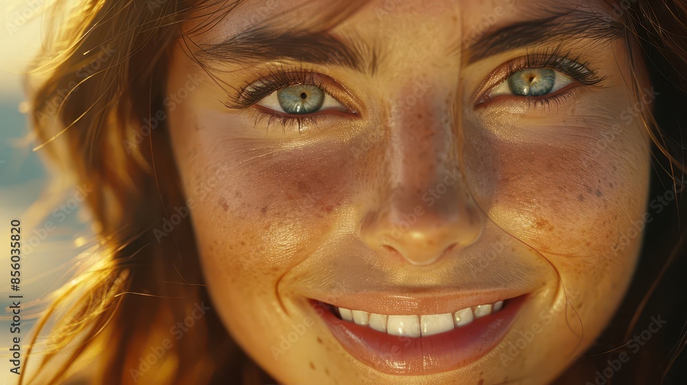 close up of a woman with freckles and a smile close up of a woman with freckles and a smile