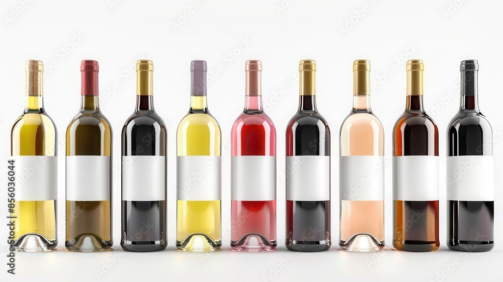 elegant collection of glass wine bottles with blank labels isolated on white for customization elegant collection of glass wine bottles with blank labels isolated on white for customization