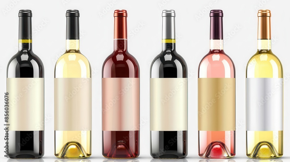 elegant collection of glass wine bottles with blank labels isolated on white for customization elegant collection of glass wine bottles with blank labels isolated on white for customization