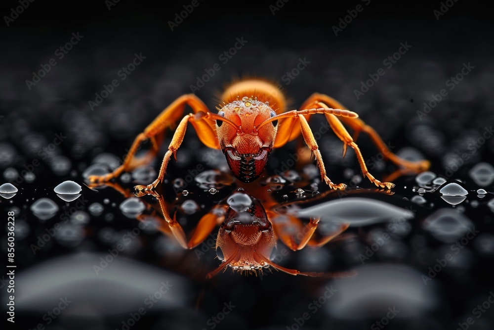 Fototapeta premium Macro Photography of a Red Ant in Water Droplets