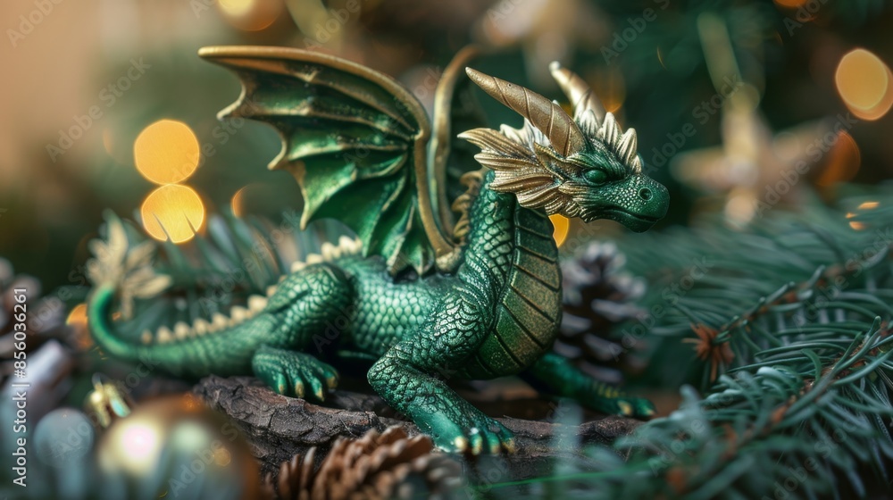 Obraz premium Enchanting Green Dragon with Golden Wings - Generative AI