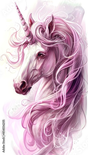 portrait of a beautiful pink horse girl in the style of a children's fairy tale unicorn.   © Marina