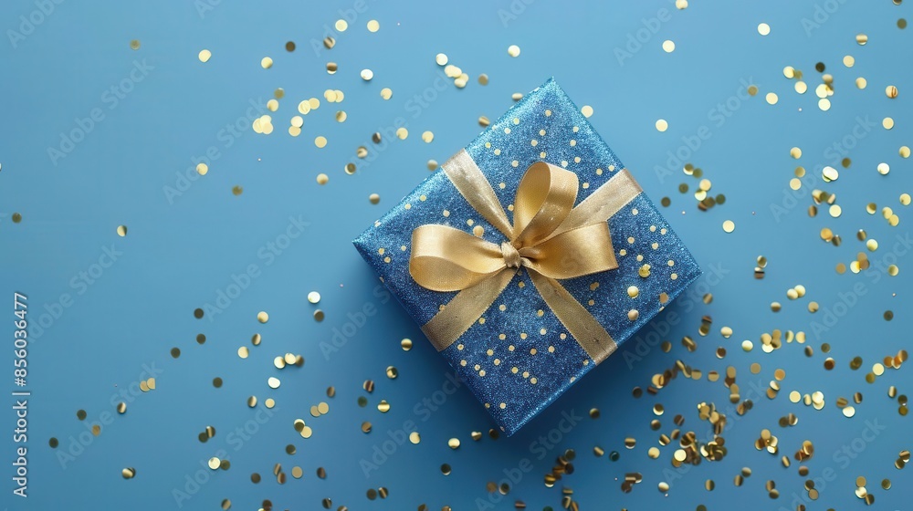 elegant gift box with golden ribbon and confetti on blue background elegant gift box with golden ribbon and confetti on blue background