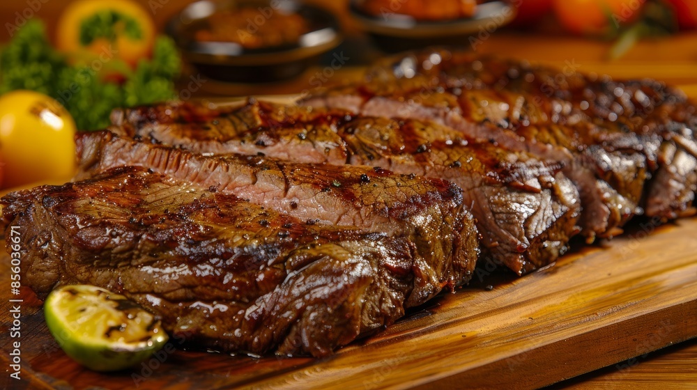 Grilled steak with fatty cuts. A high-quality meat that is served at Brazilian steakhouses. Grilled steak with fatty cuts. A high-quality meat that is served at Brazilian steakhouses.