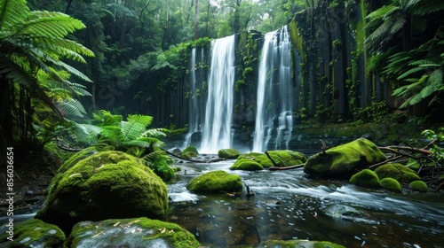 A stunning waterfall hidden deep in the forest, surrounded by moss-covered rocks and ferns. -