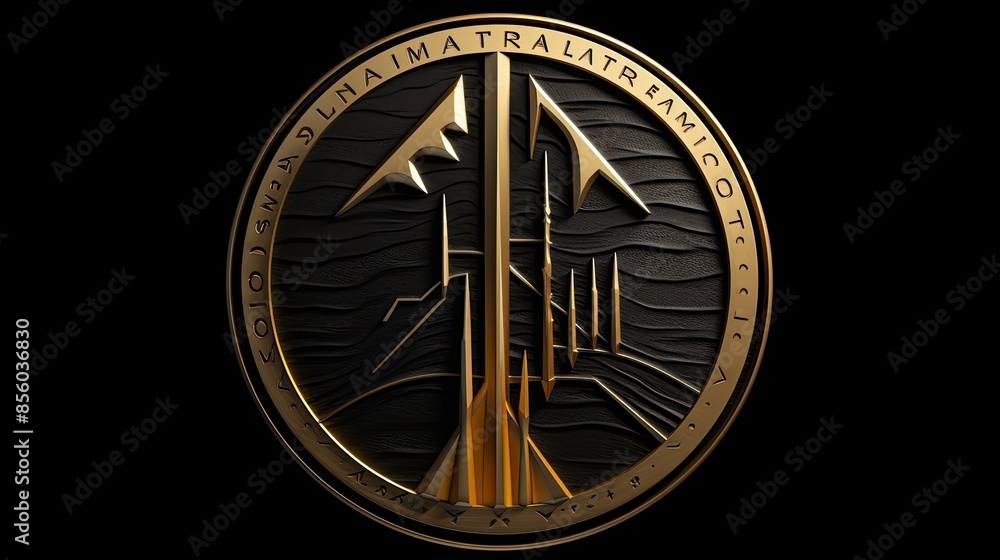 The image is a 3D rendering of a circular coin with a golden border and a black background. The image is a 3D rendering of a circular coin with a golden border and a black background.