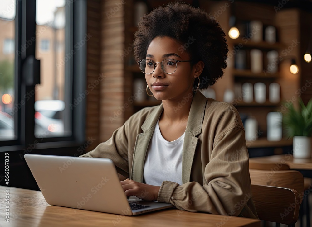 Young african-american Student girl using laptop computer at cafe. Young african-american Student girl using laptop computer at cafe.