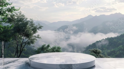 elegant marble podium overlooking misty mountains and trees product showcase stage 3d rendering