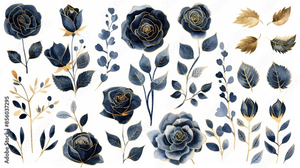 elegant navy blue and gold watercolor roses leaves and branches ...