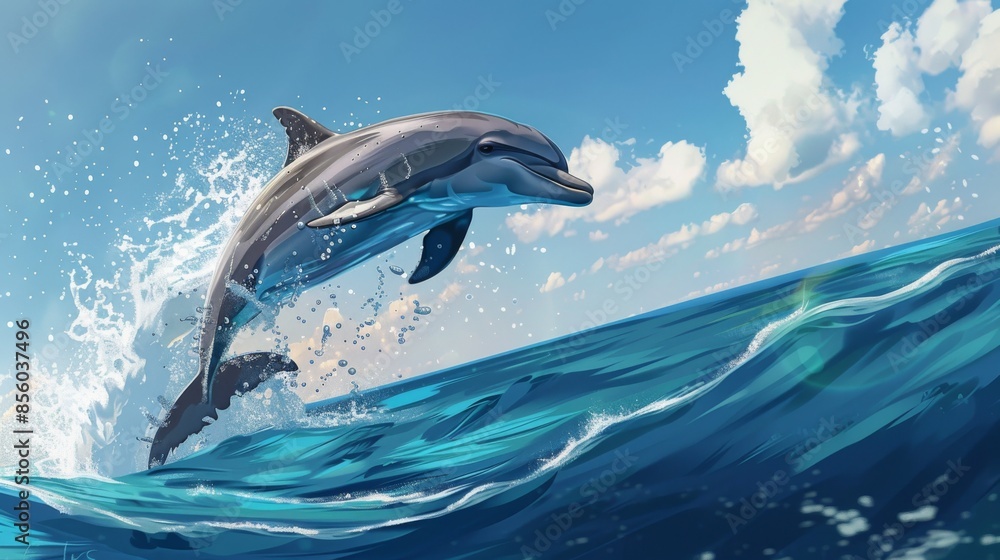 Obraz premium Dolphin jumping out of the ocean with blue sky