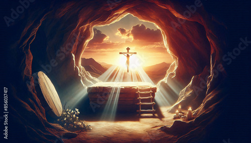 Der Eingang einer Höhle in diesigem Licht, unscharf im Hintergrund ein Jesuskreuz © sweasy