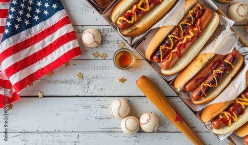 Hot dogs, American flag and baseballs in 4th Jul Independence Day photo