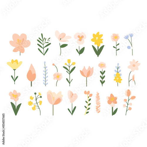 A delightful collection of floral illustrations showcasing a variety of colorful flowers in a modern, minimalist style. Ideal for spring and summer designs, seasonal celebrations, and festive decorati