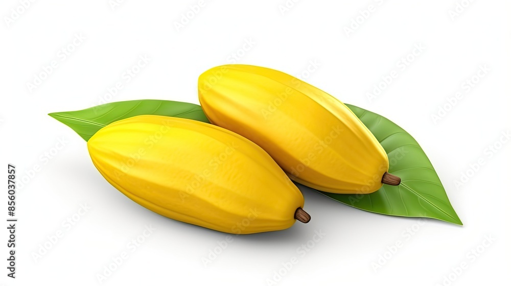 Two yellow cocoa pods with green leaves on a white background. The cocoa pods are about 6 inches long and 3 inches wide. Two yellow cocoa pods with green leaves on a white background. The cocoa pods are about 6 inches long and 3 inches wide.