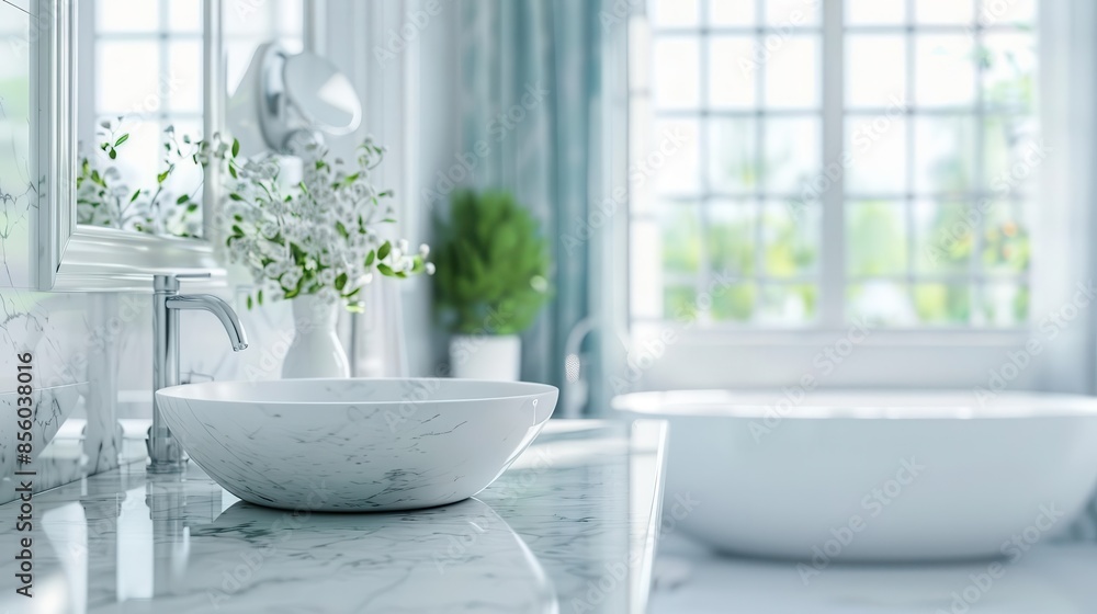 elegant white bathroom with marble countertop and blurred background aigenerated art elegant white bathroom with marble countertop and blurred background aigenerated art