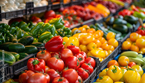 Fresh organic Vegetables and fruits on shelf in supermarket, farmers market. Healthy food market concept