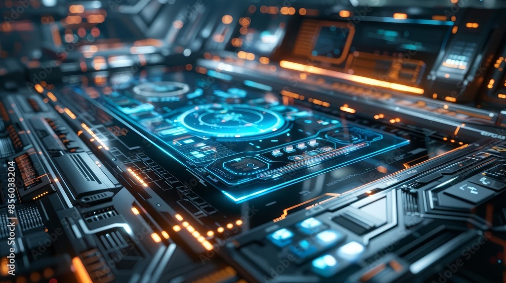 Futuristic device with sleek design and holographic interface, set against a high-tech backdrop Futuristic device with sleek design and holographic interface, set against a high-tech backdrop