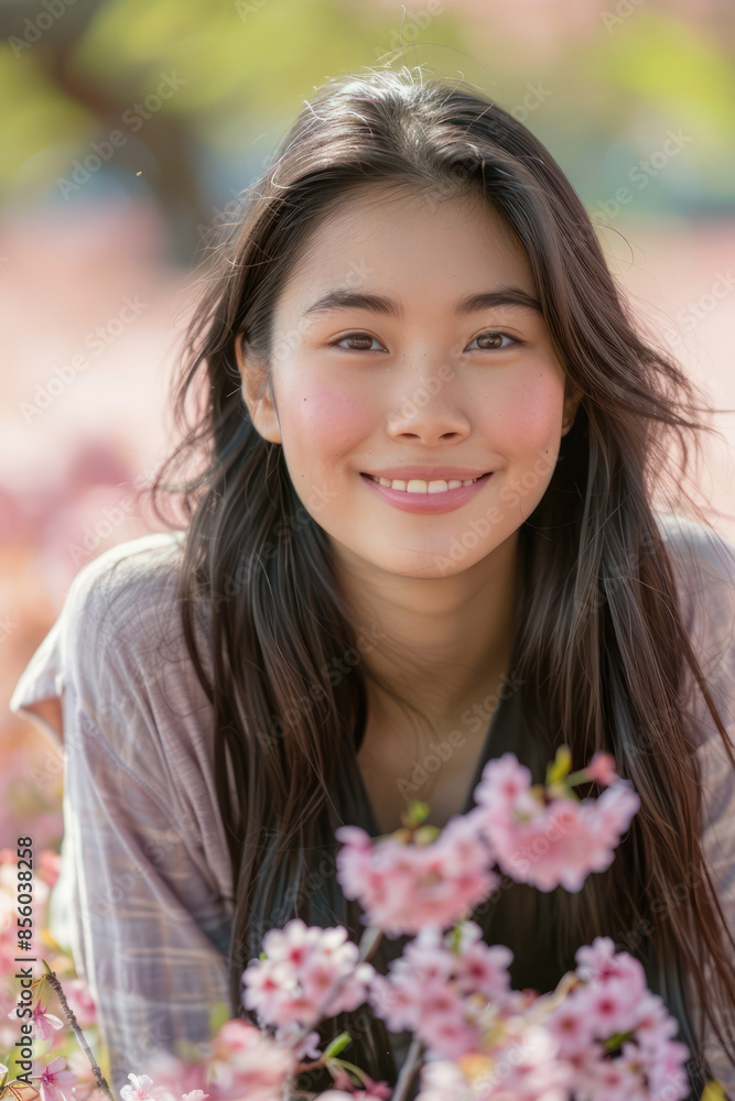 Captivating Asian Woman Smiling in Blooming Cherry Blossom Garden Serenity and Natural Beauty Amidst Pink Floral Landscape