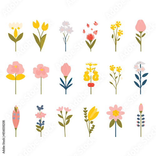 A delightful collection of floral illustrations showcasing a variety of colorful flowers in a modern, minimalist style. Ideal for spring and summer designs, seasonal celebrations, and festive decorati