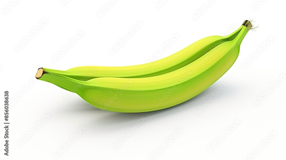 A 3D rendering of a pair of green bananas. The bananas are slightly curved and have a smooth, shiny skin. They are isolated on a white background. A 3D rendering of a pair of green bananas. The bananas are slightly curved and have a smooth, shiny skin. They are isolated on a white background.