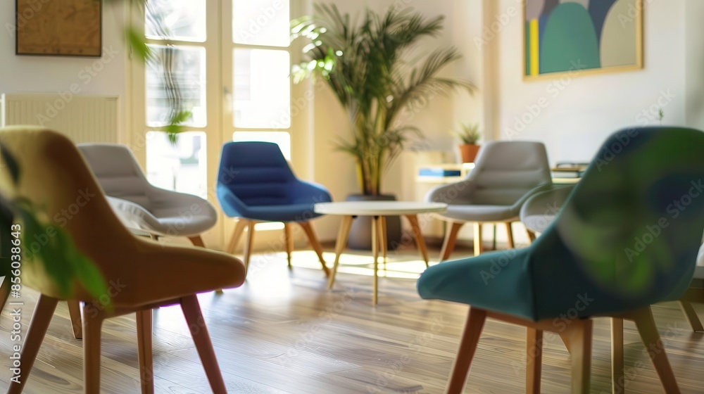 Fototapeta premium empty chairs arranged in circle waiting for group therapy session psychologists office interior