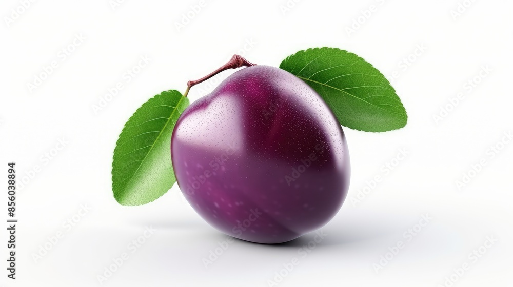 A beautiful rendered image of a fresh plum with stem and leaves. The plum has a smooth, glossy skin and is a deep purple color. A beautiful rendered image of a fresh plum with stem and leaves. The plum has a smooth, glossy skin and is a deep purple color.