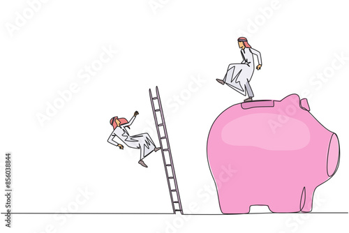 Continuous one line drawing Arab businessman kicks rival who climbs piggy bank with stair. Bringing down opponents so don't have any investment in future. Single line draw design vector illustration