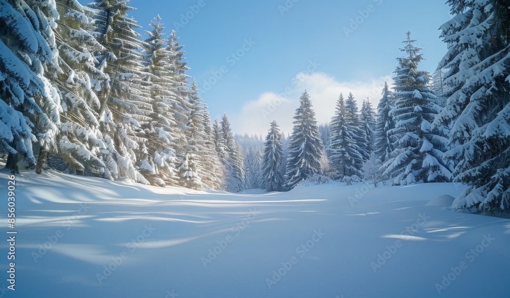 A serene snow-covered forest with tall pine trees, a blanket of fresh snow, and a clear blue sky A serene snow-covered forest with tall pine trees, a blanket of fresh snow, and a clear blue sky