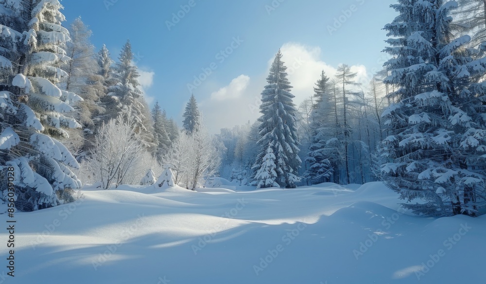 A serene snow-covered forest with tall pine trees, a blanket of fresh snow, and a clear blue sky A serene snow-covered forest with tall pine trees, a blanket of fresh snow, and a clear blue sky