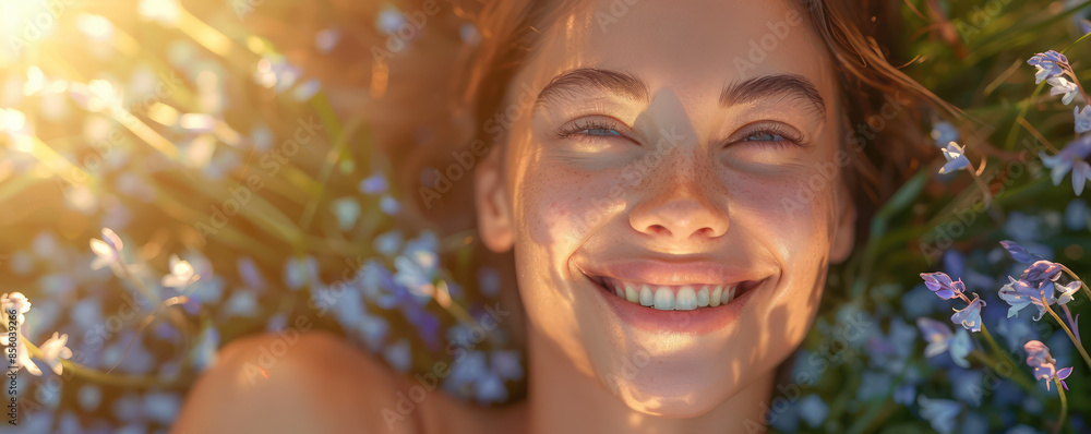 Joyful young woman lying in a field of flowers, basking in sunlight, smiling brightly, surrounded by nature's beauty, evoking happiness, peace, and serenity on a warm, sunny day Joyful young woman lying in a field of flowers, basking in sunlight, smiling brightly, surrounded by nature's beauty, evoking happiness, peace, and serenity on a warm, sunny day