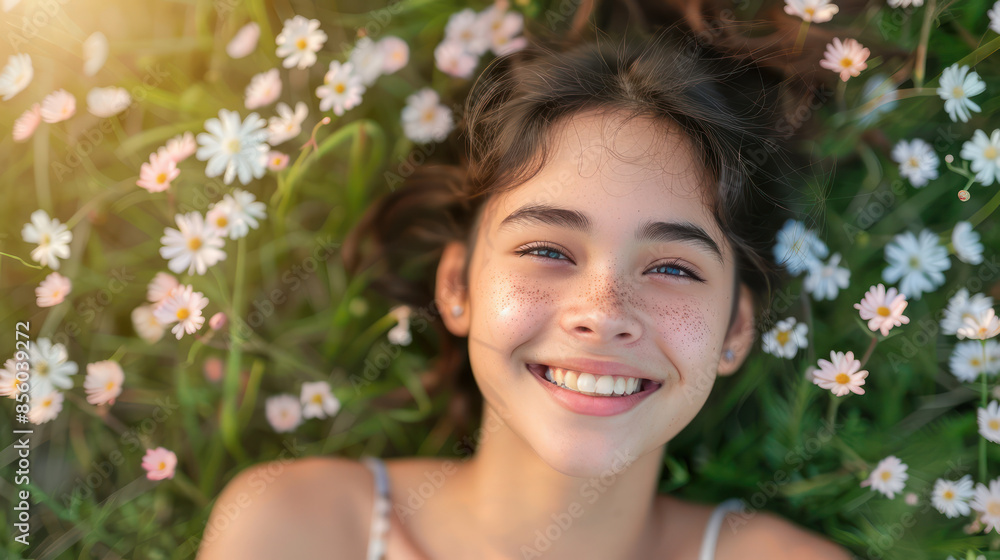 Joyful Young Girl Lying in Field of Daisies with Sunlight and Blooming Flowers, Smiling with Relaxation and Happiness, Embracing Nature in a Beautiful Spring Meadow, Close Up Portrait Joyful Young Girl Lying in Field of Daisies with Sunlight and Blooming Flowers, Smiling with Relaxation and Happiness, Embracing Nature in a Beautiful Spring Meadow, Close Up Portrait