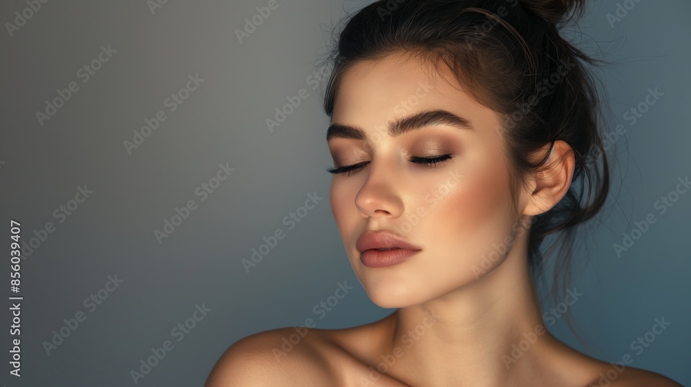 The image presents a young woman with beautifully applied soft makeup and a peaceful expression The image presents a young woman with beautifully applied soft makeup and a peaceful expression