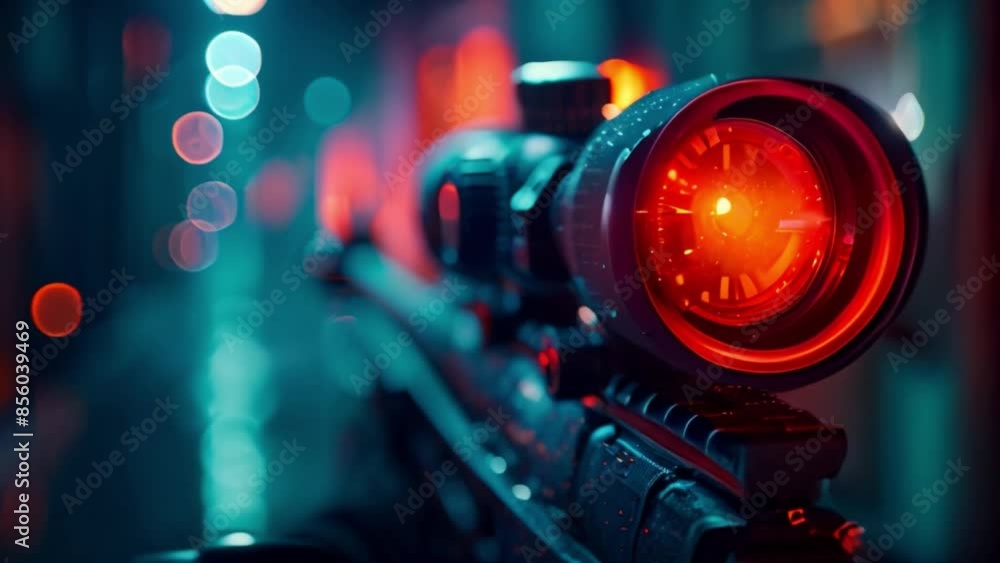 This close-up view of a sniper scope with a red dot aimed at a target. Laser tag This close-up view of a sniper scope with a red dot aimed at a target. Laser tag