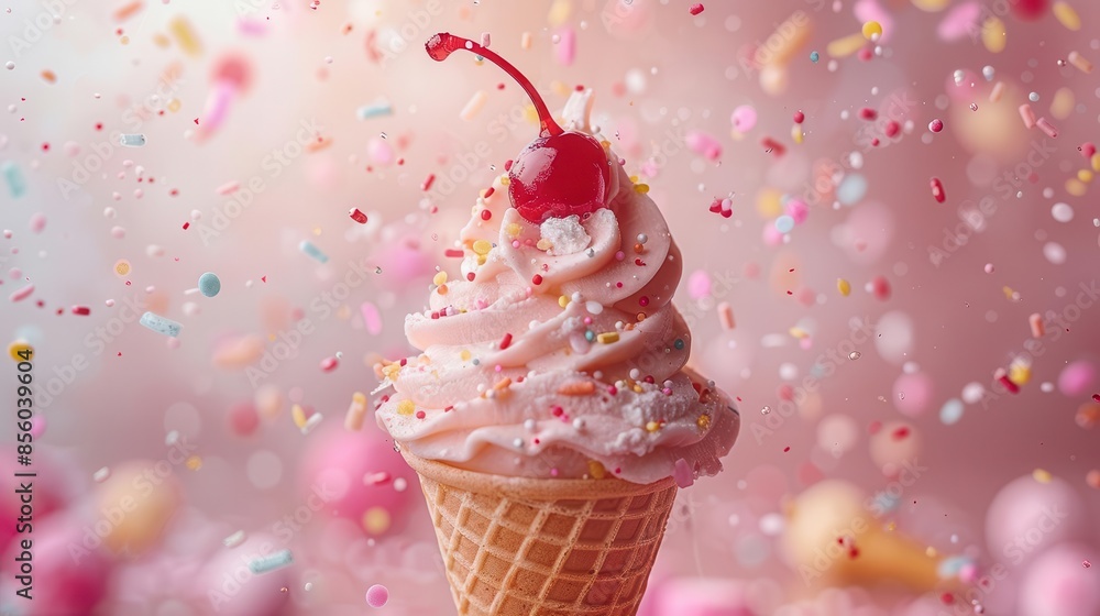 cone with a cherry on top of it surrounded by confetti cone with a cherry on top of it surrounded by confetti