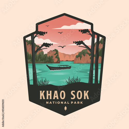 khao sok national park with boat emblem patch logo vector illustration design, thailand emblem national park design