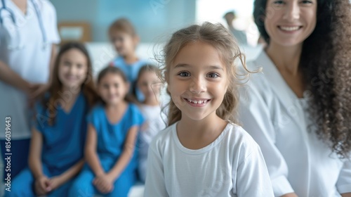 Cheerful little caucasian child of european or american decent smiling at camera in pediatric clinic with his family and doctors around