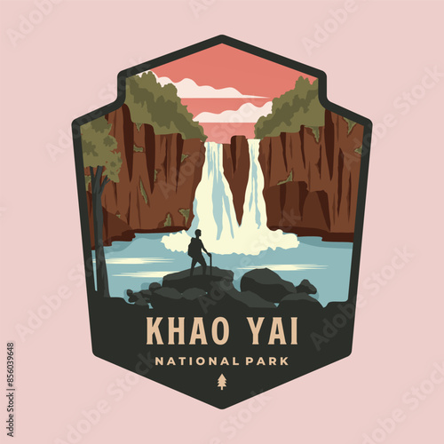 heon swat waterfall in khao yai national park emblem patch logo vector illustration design, thailand emblem national park design