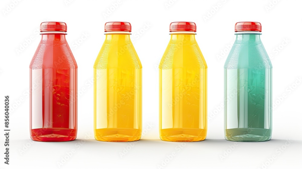 Four colorful bottles of juice with red caps. The bottles are arranged in a row on a white background. Four colorful bottles of juice with red caps. The bottles are arranged in a row on a white background.