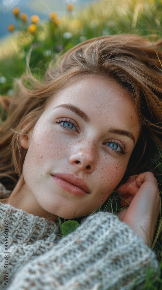 Serene Close Up Portrait of a Freckled Woman Relaxing in Nature with Vibrant Blue Eyes and Soft Sunlit Hair Surrounded by Lush Green Grass and Spring Wildflowers in a Peaceful Meadow Serene Close Up Portrait of a Freckled Woman Relaxing in Nature with Vibrant Blue Eyes and Soft Sunlit Hair Surrounded by Lush Green Grass and Spring Wildflowers in a Peaceful Meadow