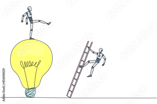 Single one line drawing smart robot kicks opponent who climbing the lightbulb with a ladder. Dropping colleague because don't have bright ideas. Traitor. Continuous line design graphic illustration