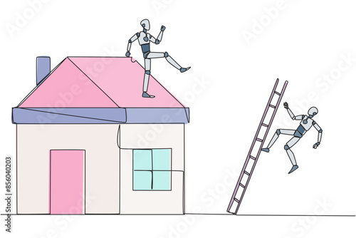Single continuous line drawing smart robot kicks opponent who climbs a miniature house with stairs. Metaphor of fraud committed by house developers. Bad business. One line design vector illustration
