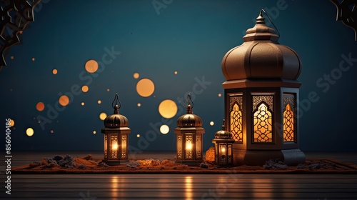 The image is of three lanterns on a blue background. The lanterns are made of metal and have intricate designs.