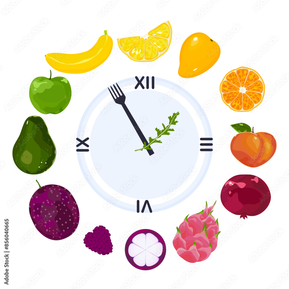Vector illustration of healthy food, good food about vegetables, fruits, organic. Arranged according to color circle. Bright Roman letter clock, isolated on a white background for the poster. Banner.. Vector illustration of healthy food, good food about vegetables, fruits, organic. Arranged according to color circle. Bright Roman letter clock, isolated on a white background for the poster. Banner..