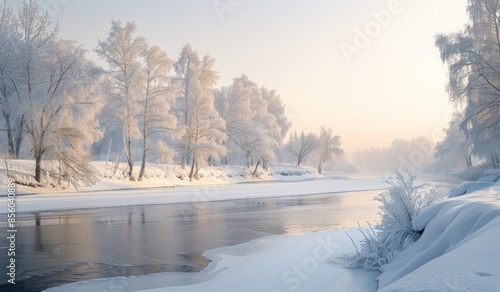 A tranquil riverside scene with a frozen river, snow-covered banks, and a forest of frosted trees under a pale winter sky