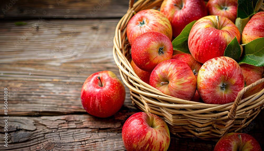 Apples In Wooden Basket On Table At Sunset - Autumn And Harvest Concept Apples In Wooden Basket On Table At Sunset - Autumn And Harvest Concept